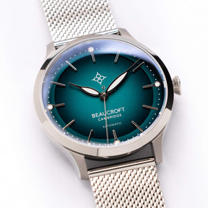 The Beaucroft Seeker Teal mechanical watch with metal mesh strap